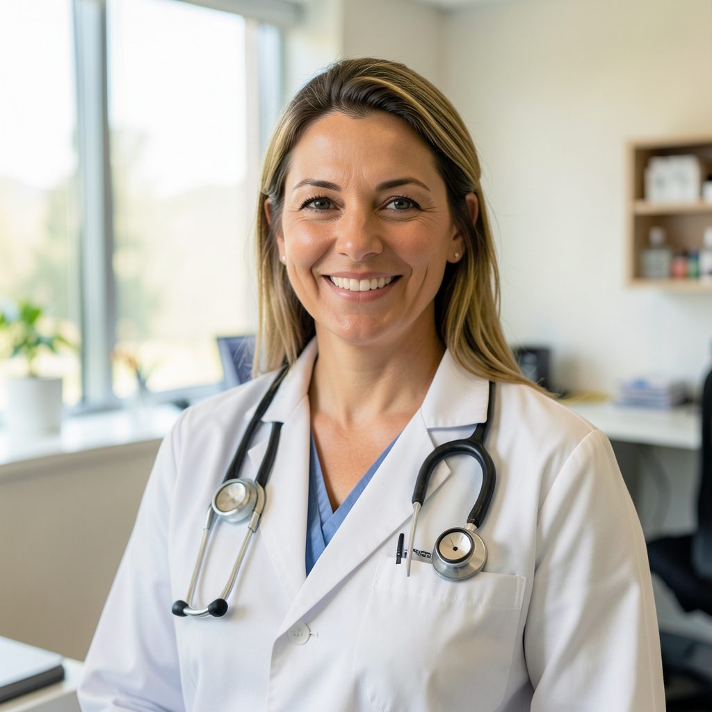 A warm-toned portrait of a smiling veterinarian in a modern clinic setting with soft natural light