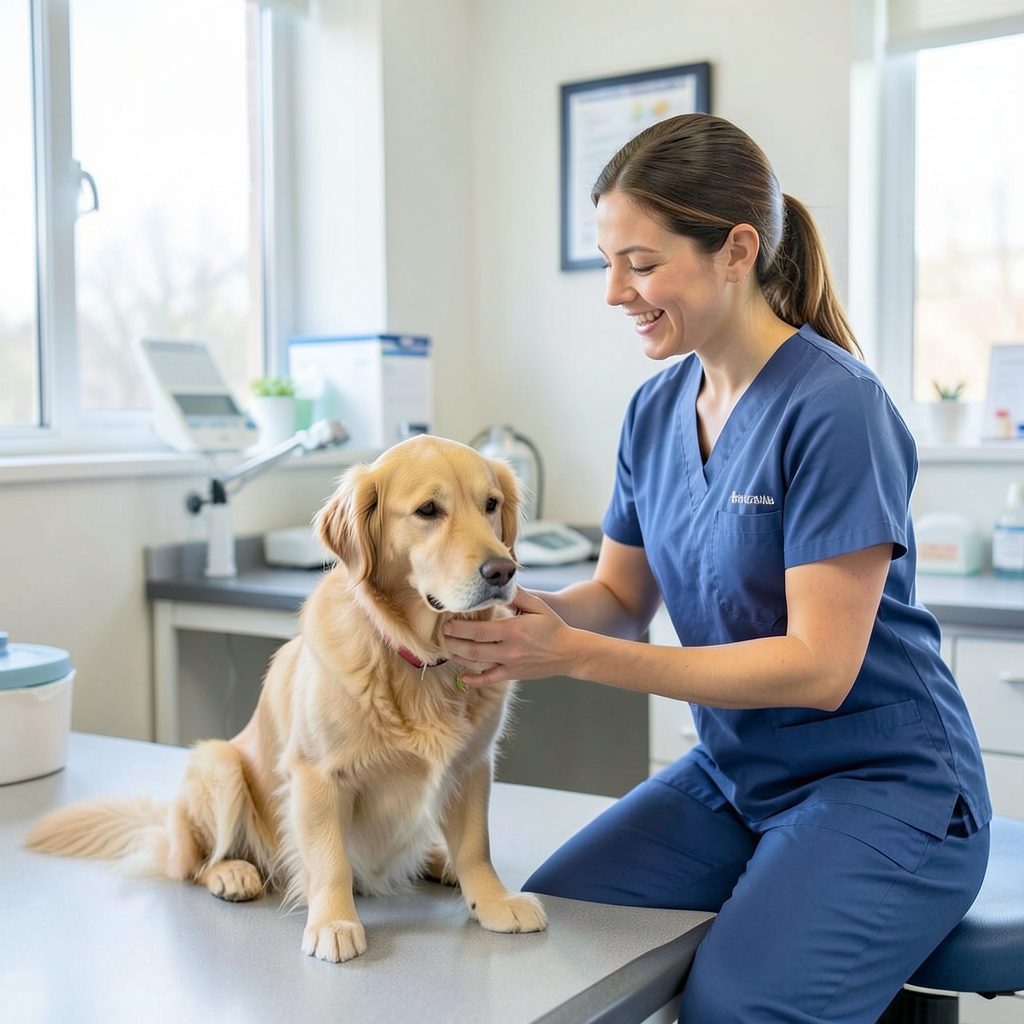 A friendly veterinary support team member interacting gently with a calm dog in a bright clinic room