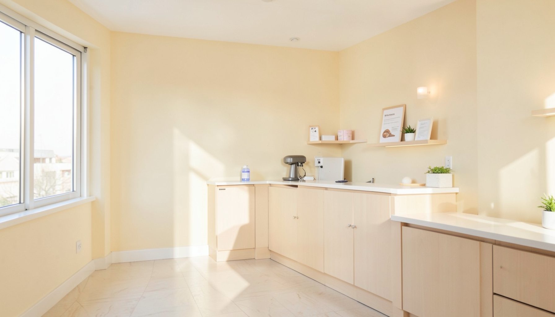 A bright, modern veterinary clinic interior with warm cream walls, soft natural light, and a calm welcoming atmosphere