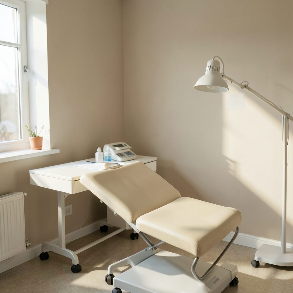 A calm veterinary exam room with soft natural light and warm neutral tones