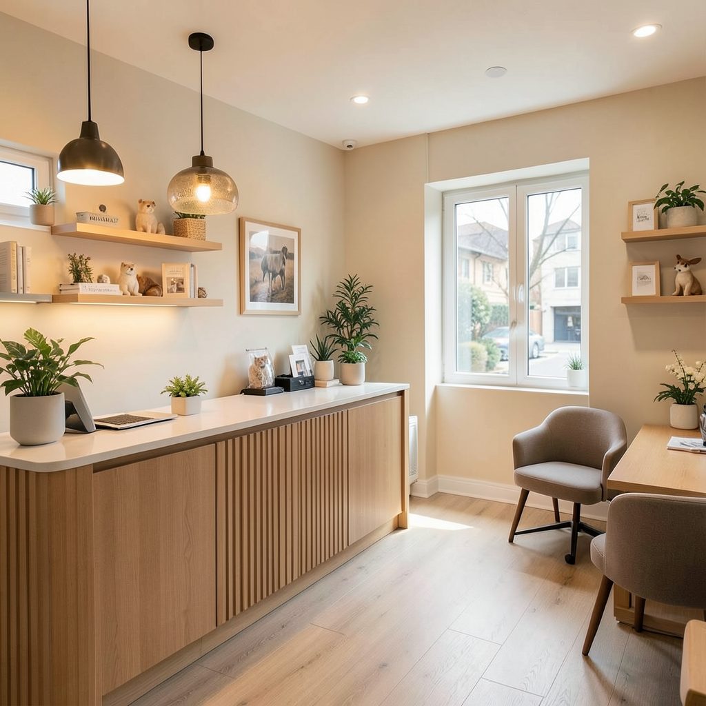 A warm and welcoming veterinary clinic interior with soft lighting and modern decor